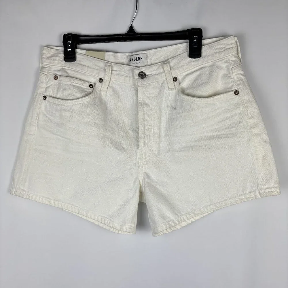 30 Agolde High Rise Short Parker Long Organic Cotton White Button Closure Denim - Picture 4 of 16